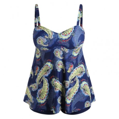 Plus Size Paisley Print Padded Tankini Set (BLUE)