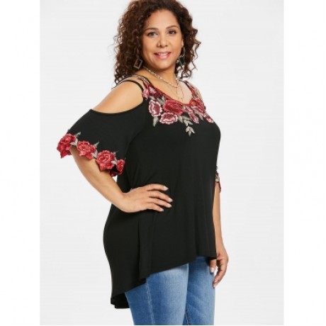 Plus Size Flare Sleeve Cold Shoulder T-shirt (BLACK)