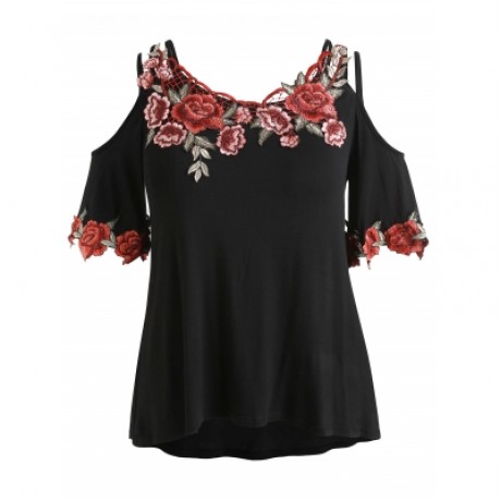 Plus Size Flare Sleeve Cold Shoulder T-shirt (BLACK)