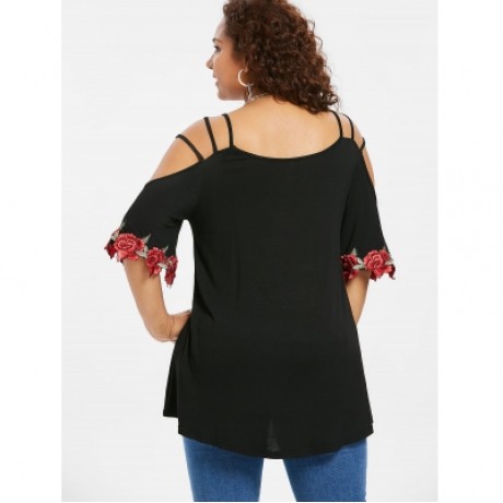 Plus Size Flare Sleeve Cold Shoulder T-shirt (BLACK)