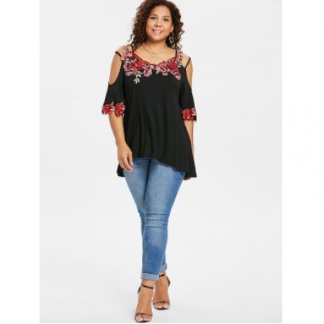 Plus Size Flare Sleeve Cold Shoulder T-shirt (BLACK)