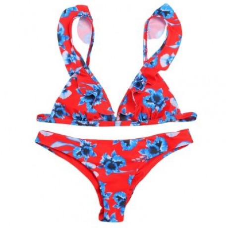 Plunge Neck Flounce Backless Padded Floral Print Low Waist Women Bikini Set (LAVA RED)