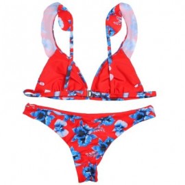 Plunge Neck Flounce Backless Padded Floral Print Low Waist Women Bikini Set (LAVA RED)