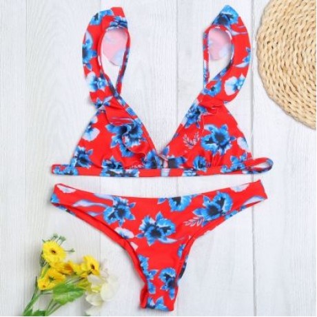 Plunge Neck Flounce Backless Padded Floral Print Low Waist Women Bikini Set (LAVA RED)