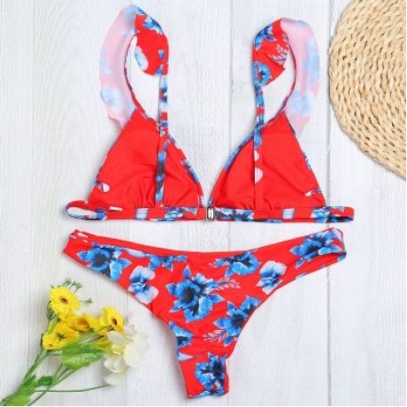 Plunge Neck Flounce Backless Padded Floral Print Low Waist Women Bikini Set (LAVA RED)
