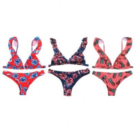 Plunge Neck Flounce Backless Padded Floral Print Low Waist Women Bikini Set (LAVA RED)