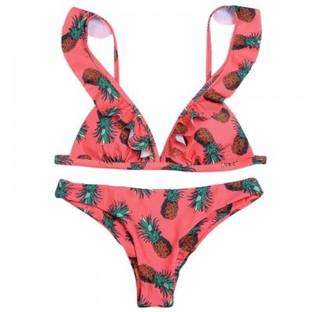Plunge Neck Flounce Backless Padded Floral Print Low Waist Women Bikini Set (WATERMELON PI