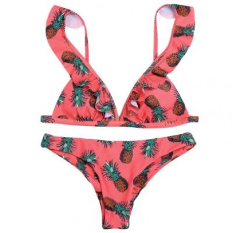 Plunge Neck Flounce Backless Padded Floral Print Low Waist Women Bikini Set (WATERMELON PI