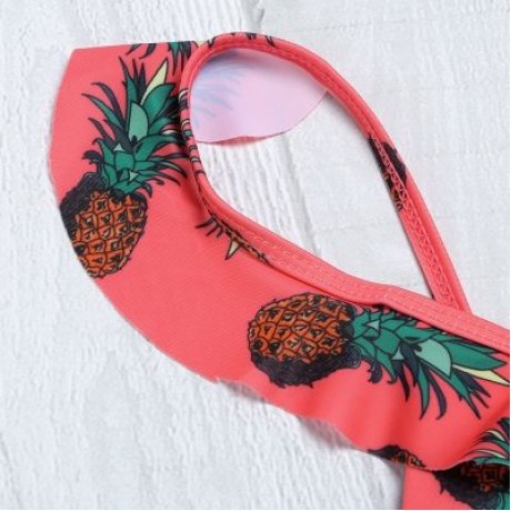 Plunge Neck Flounce Backless Padded Floral Print Low Waist Women Bikini Set (WATERMELON PI