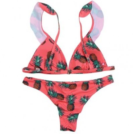 Plunge Neck Flounce Backless Padded Floral Print Low Waist Women Bikini Set (WATERMELON PI