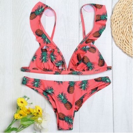 Plunge Neck Flounce Backless Padded Floral Print Low Waist Women Bikini Set (WATERMELON PI