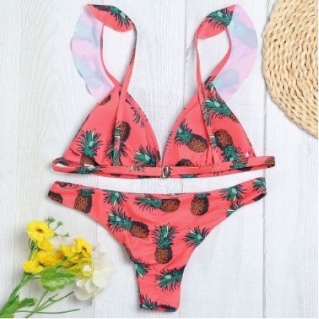 Plunge Neck Flounce Backless Padded Floral Print Low Waist Women Bikini Set (WATERMELON PI