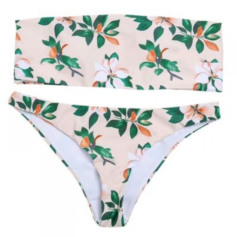 Sexy Strapless Padded Floral Print Mid Waist Women Bikini Set (APRICOT)