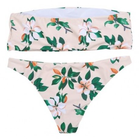 Sexy Strapless Padded Floral Print Mid Waist Women Bikini Set (APRICOT)