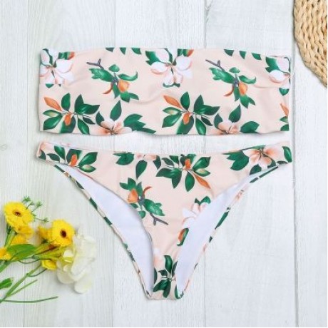 Sexy Strapless Padded Floral Print Mid Waist Women Bikini Set (APRICOT)