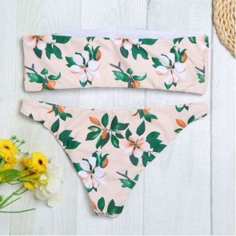 Sexy Strapless Padded Floral Print Mid Waist Women Bikini Set (APRICOT)