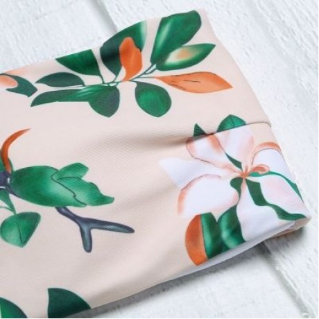 Sexy Strapless Padded Floral Print Mid Waist Women Bikini Set (APRICOT)
