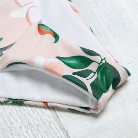 Sexy Strapless Padded Floral Print Mid Waist Women Bikini Set (APRICOT)
