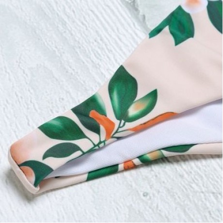 Sexy Strapless Padded Floral Print Mid Waist Women Bikini Set (APRICOT)
