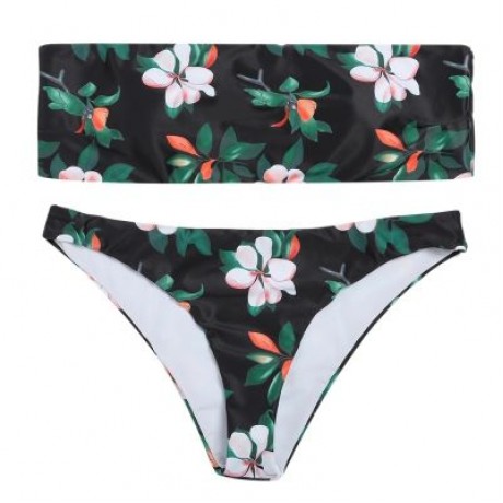 Sexy Strapless Padded Floral Print Mid Waist Women Bikini Set (BLACK)