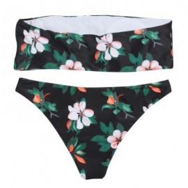 Sexy Strapless Padded Floral Print Mid Waist Women Bikini Set (BLACK)
