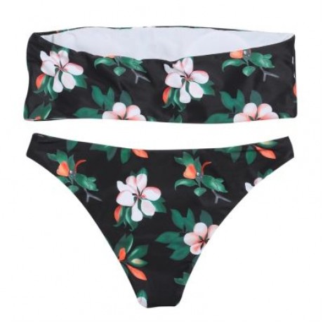 Sexy Strapless Padded Floral Print Mid Waist Women Bikini Set (BLACK)