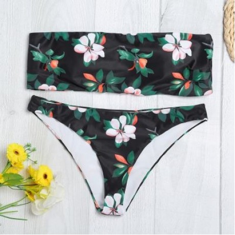 Sexy Strapless Padded Floral Print Mid Waist Women Bikini Set (BLACK)