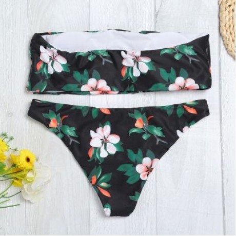 Sexy Strapless Padded Floral Print Mid Waist Women Bikini Set (BLACK)
