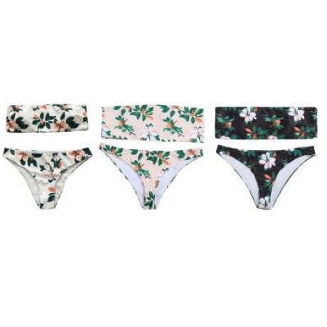 Sexy Strapless Padded Floral Print Mid Waist Women Bikini Set (BLACK)