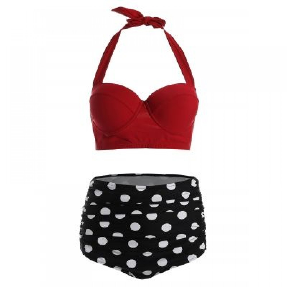 Plus Size High Waist Halter Polka Dot Bikini (RED)