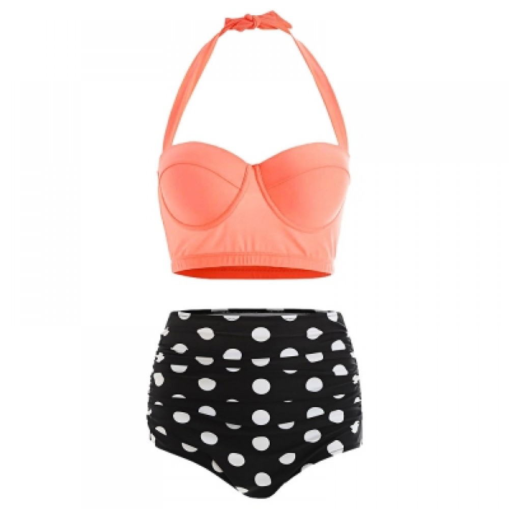 Plus Size High Waist Halter Polka Dot Bikini (SUNRISE ORANGE)
