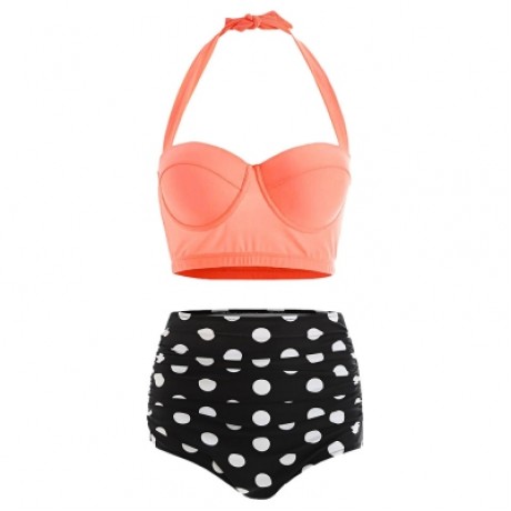 Plus Size High Waist Halter Polka Dot Bikini (SUNRISE ORANGE)
