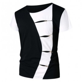 Ripped Zipper Embellished Color Blocking T-shirt (BLACK)