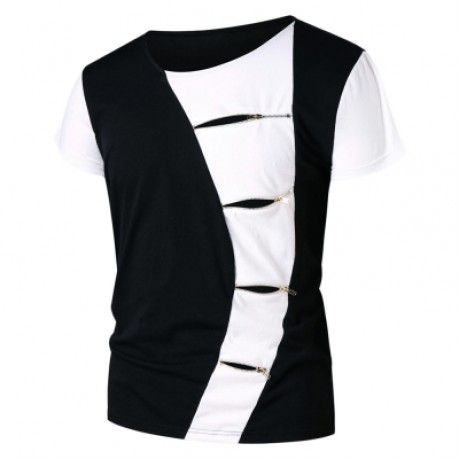 Ripped Zipper Embellished Color Blocking T-shirt (BLACK)