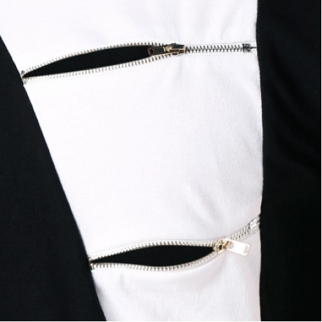 Ripped Zipper Embellished Color Blocking T-shirt (BLACK)