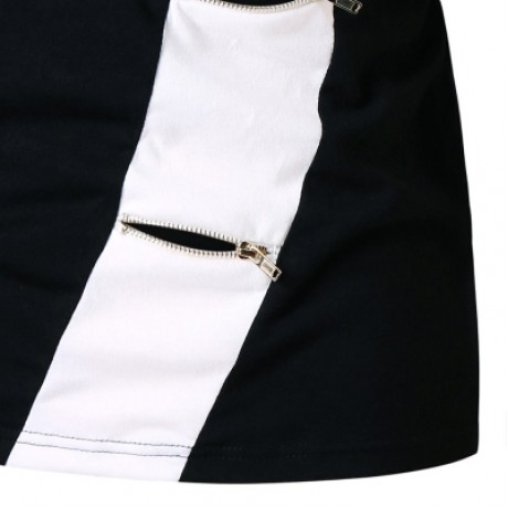Ripped Zipper Embellished Color Blocking T-shirt (BLACK)