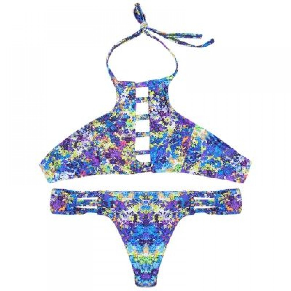 Halter Neck Backless Cut Out Print Tied Low Waist Women Bikini Set (DODGER BLUE)