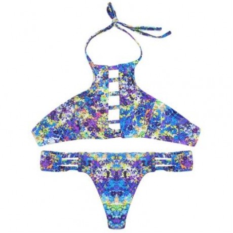 Halter Neck Backless Cut Out Print Tied Low Waist Women Bikini Set (DODGER BLUE)