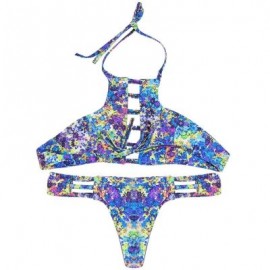 Halter Neck Backless Cut Out Print Tied Low Waist Women Bikini Set (DODGER BLUE)