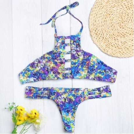 Halter Neck Backless Cut Out Print Tied Low Waist Women Bikini Set (DODGER BLUE)