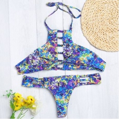 Halter Neck Backless Cut Out Print Tied Low Waist Women Bikini Set (DODGER BLUE)