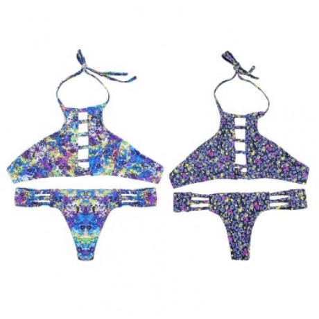 Halter Neck Backless Cut Out Print Tied Low Waist Women Bikini Set (DODGER BLUE)