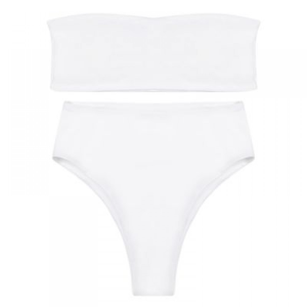 Strapless Padded Solid Color High Waist Two-piece Women Bikini Set (WHITE)