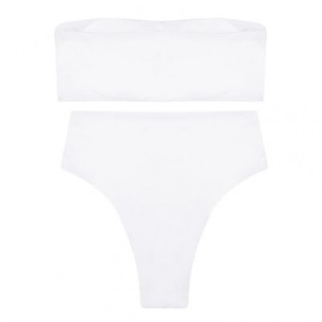Strapless Padded Solid Color High Waist Two-piece Women Bikini Set (WHITE)