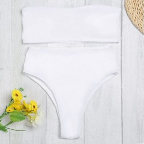 Strapless Padded Solid Color High Waist Two-piece Women Bikini Set (WHITE)