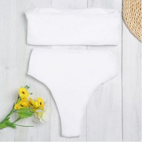 Strapless Padded Solid Color High Waist Two-piece Women Bikini Set (WHITE)