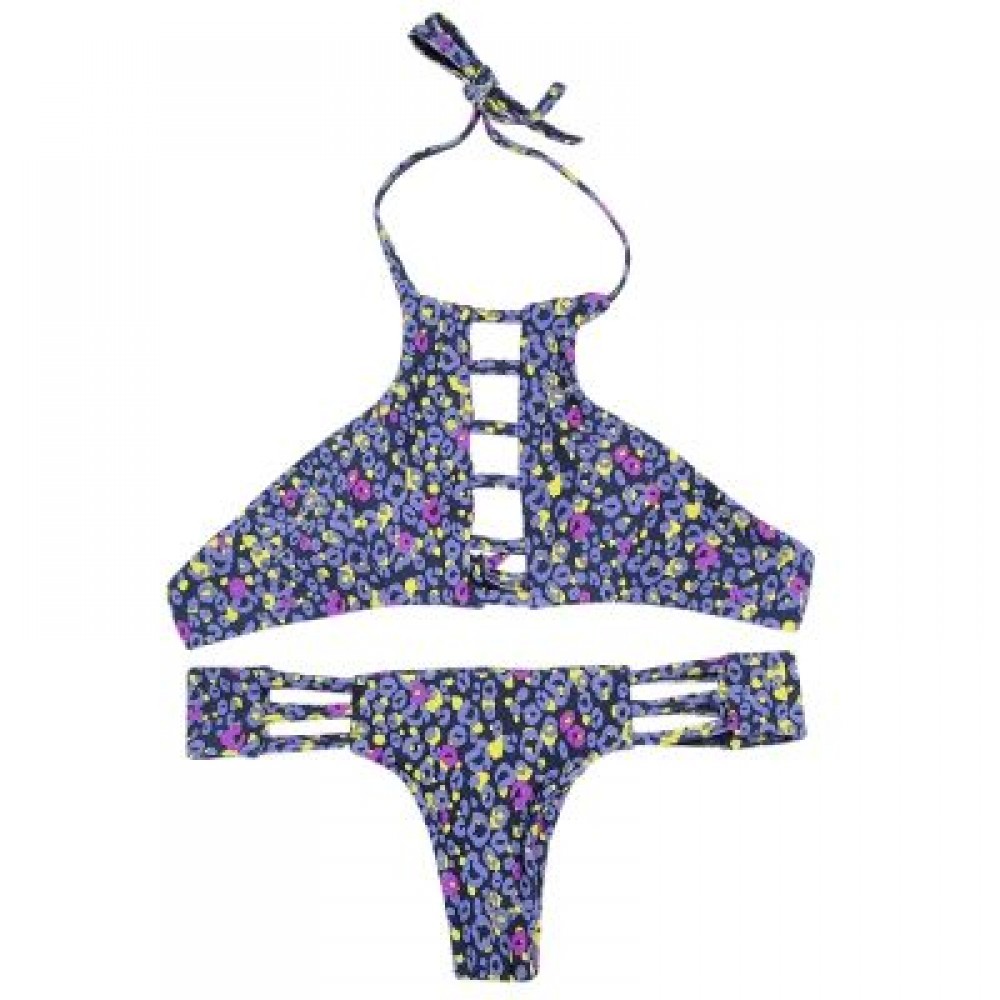 Halter Neck Backless Cut Out Print Tied Low Waist Women Bikini Set (PURPLE MONSTER)