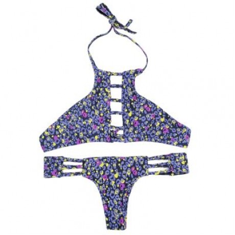 Halter Neck Backless Cut Out Print Tied Low Waist Women Bikini Set (PURPLE MONSTER)