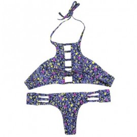 Halter Neck Backless Cut Out Print Tied Low Waist Women Bikini Set (PURPLE MONSTER)