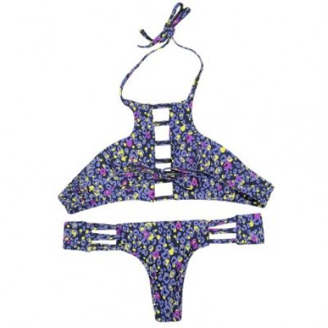 Halter Neck Backless Cut Out Print Tied Low Waist Women Bikini Set (PURPLE MONSTER)